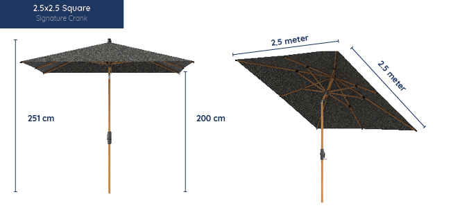 Firkantet 2.5x2.5 meter Baser-signature crank parasol målinger