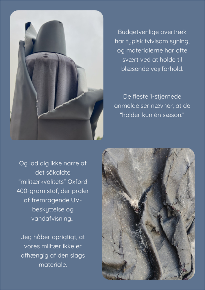 Eksempler på udendørs parasolovertræk i dårlig kvalitet